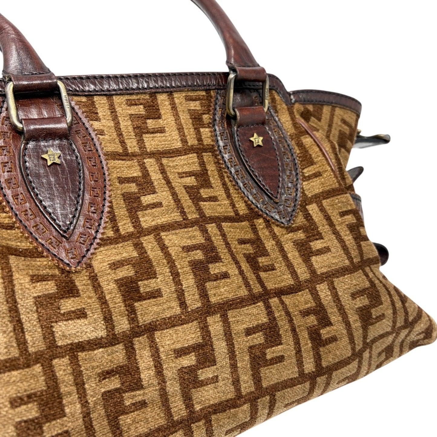 FENDI Vintage FF Logo Zucca Etniko Shoulder Bag Brown Gold Velour Leather