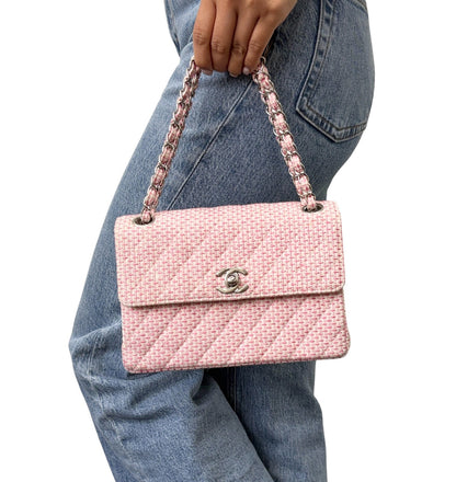 CHANEL Vintage CC Logo Quilted Chain Shoulder Bag Pink Cream Tweed 902313