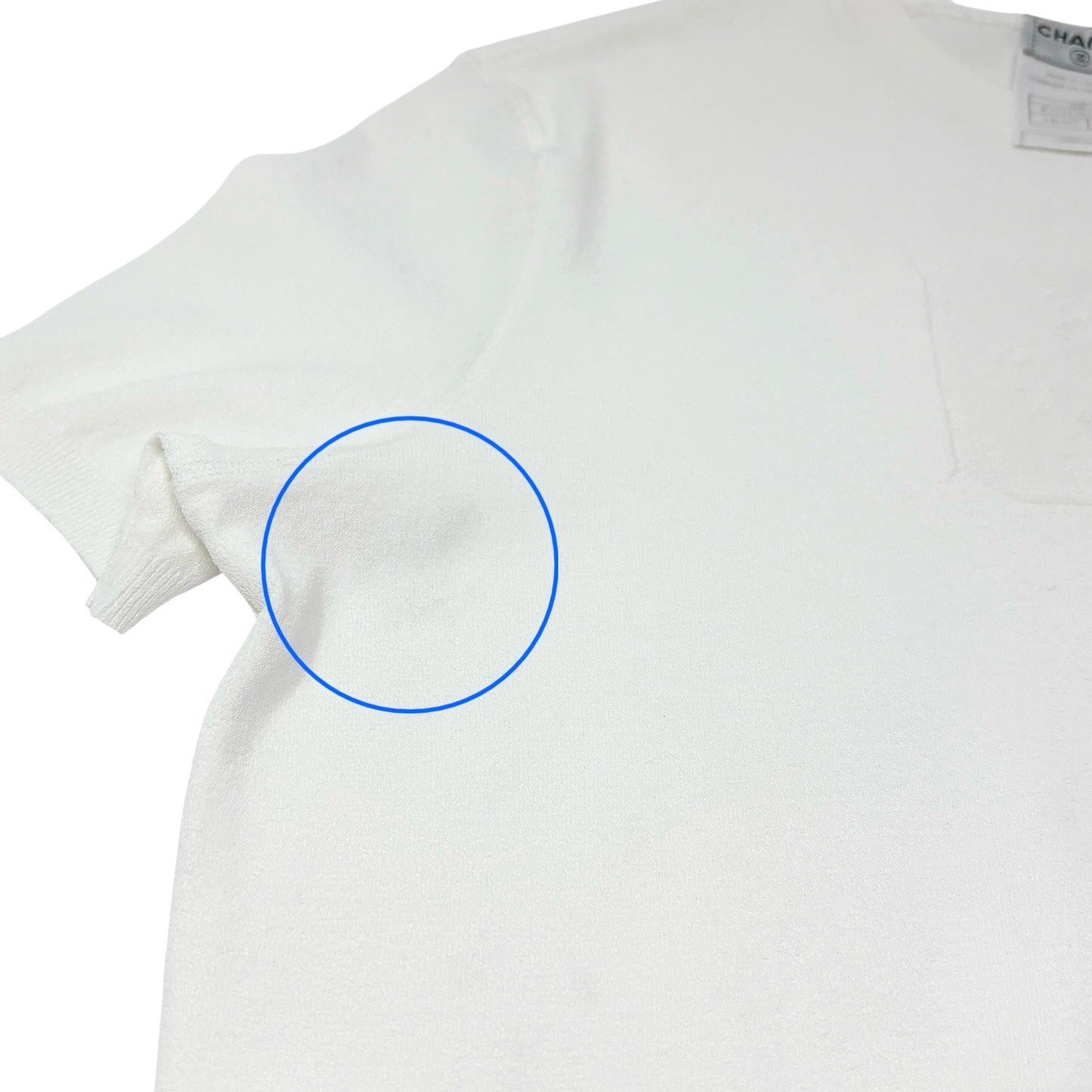 CHANEL Vintage 04C CC Logo Knit T-shirt Top #46 White Cotton See-through Mesh