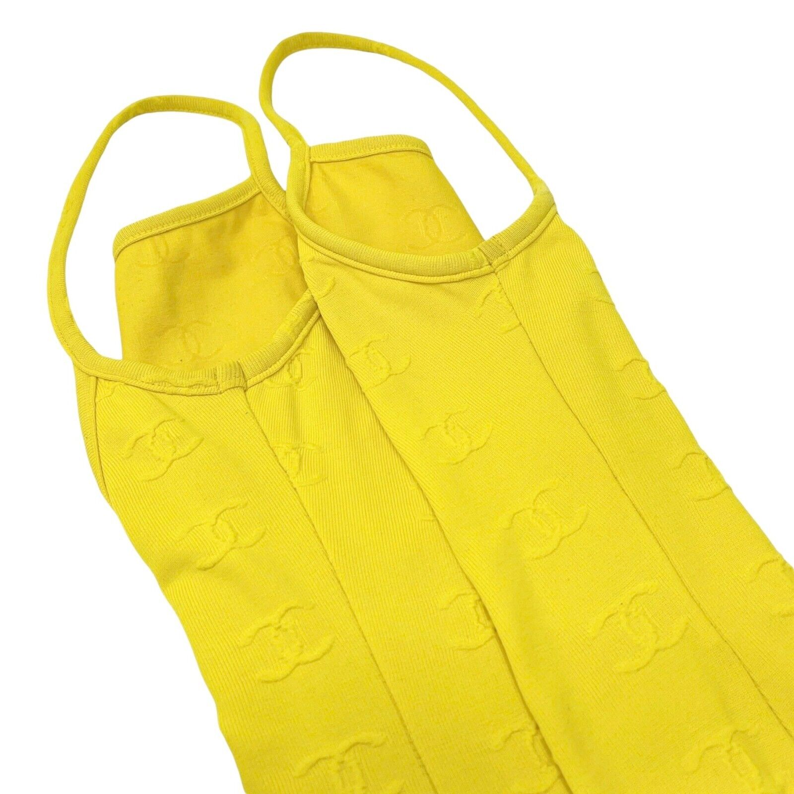 CHANEL Vintage 97P CC Mark Logo Rompers Jumpsuit #36 Yellow Nylon Rank AB+