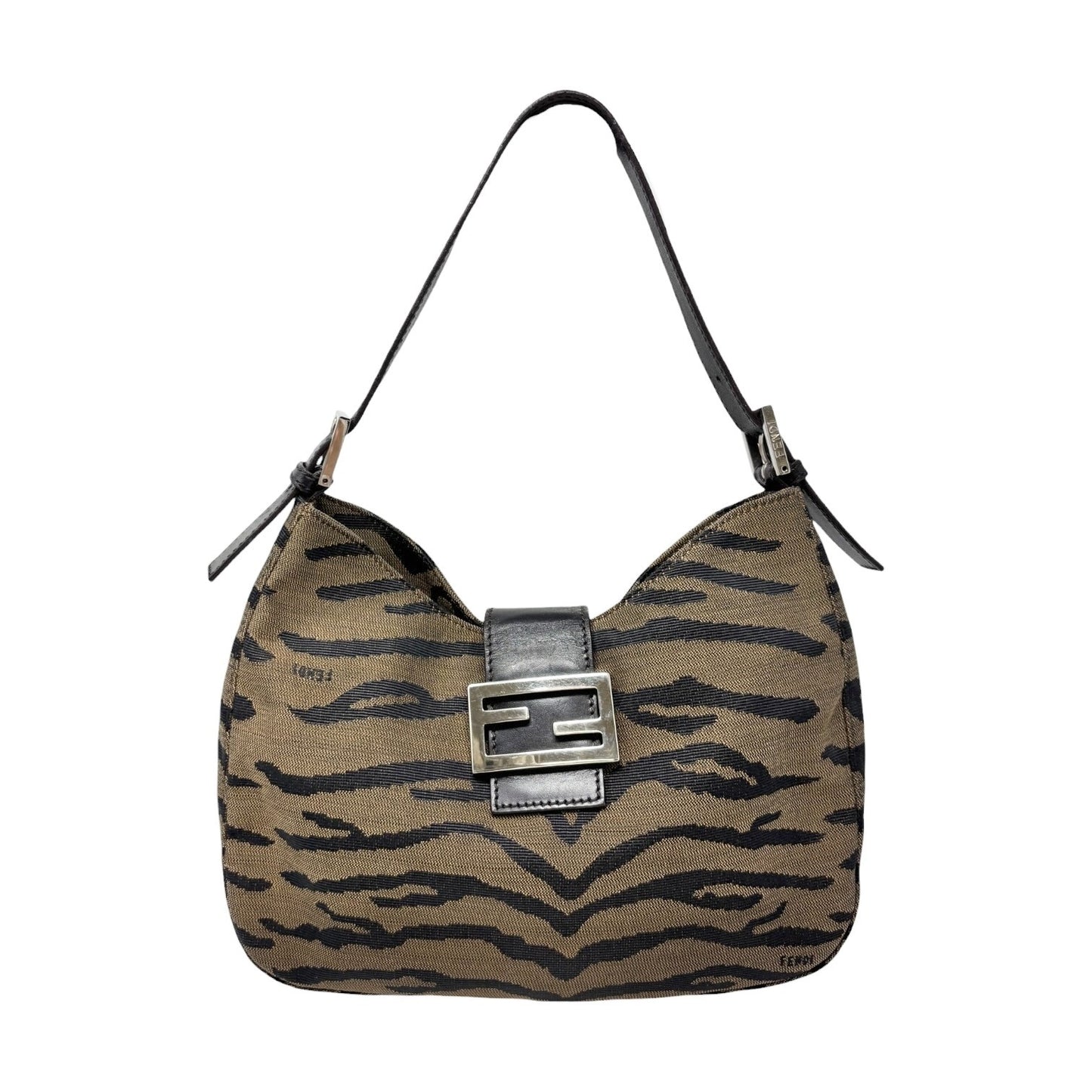 FENDI Vintage FF Logo Mamma Baguette Hobo Shoulder Bag Brown Cotton 902574