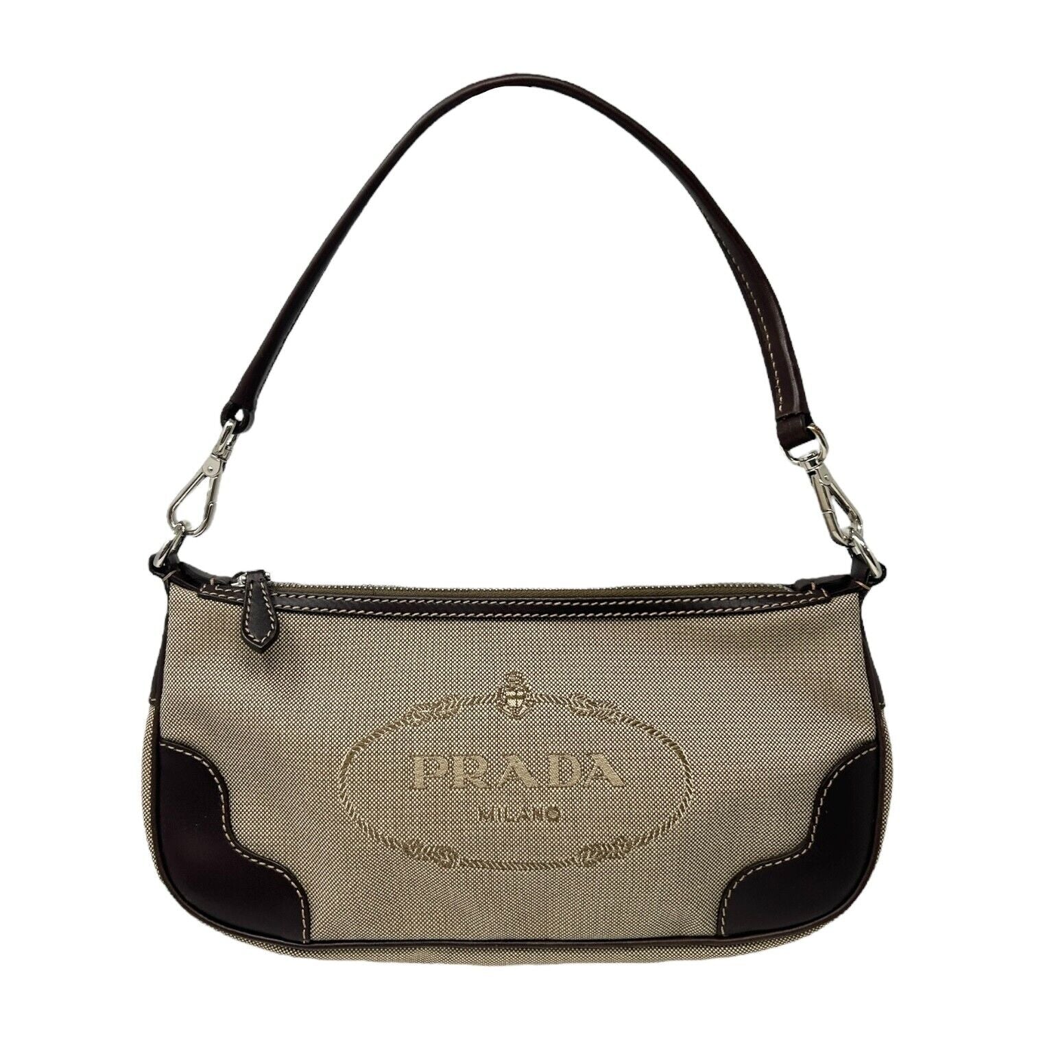 PRADA Vintage Logo Jacquard Pochette Shoulder Bag Beige Brown Cotton Zip