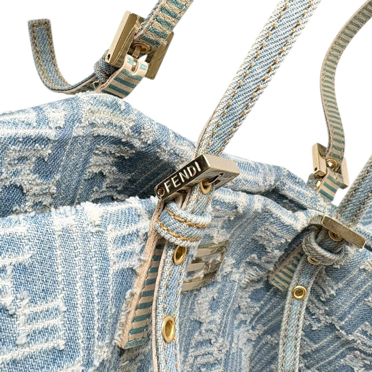 FENDI Vintage Zucca Monogram Denim Shoulder Tote Large Bag Blue FF Logo