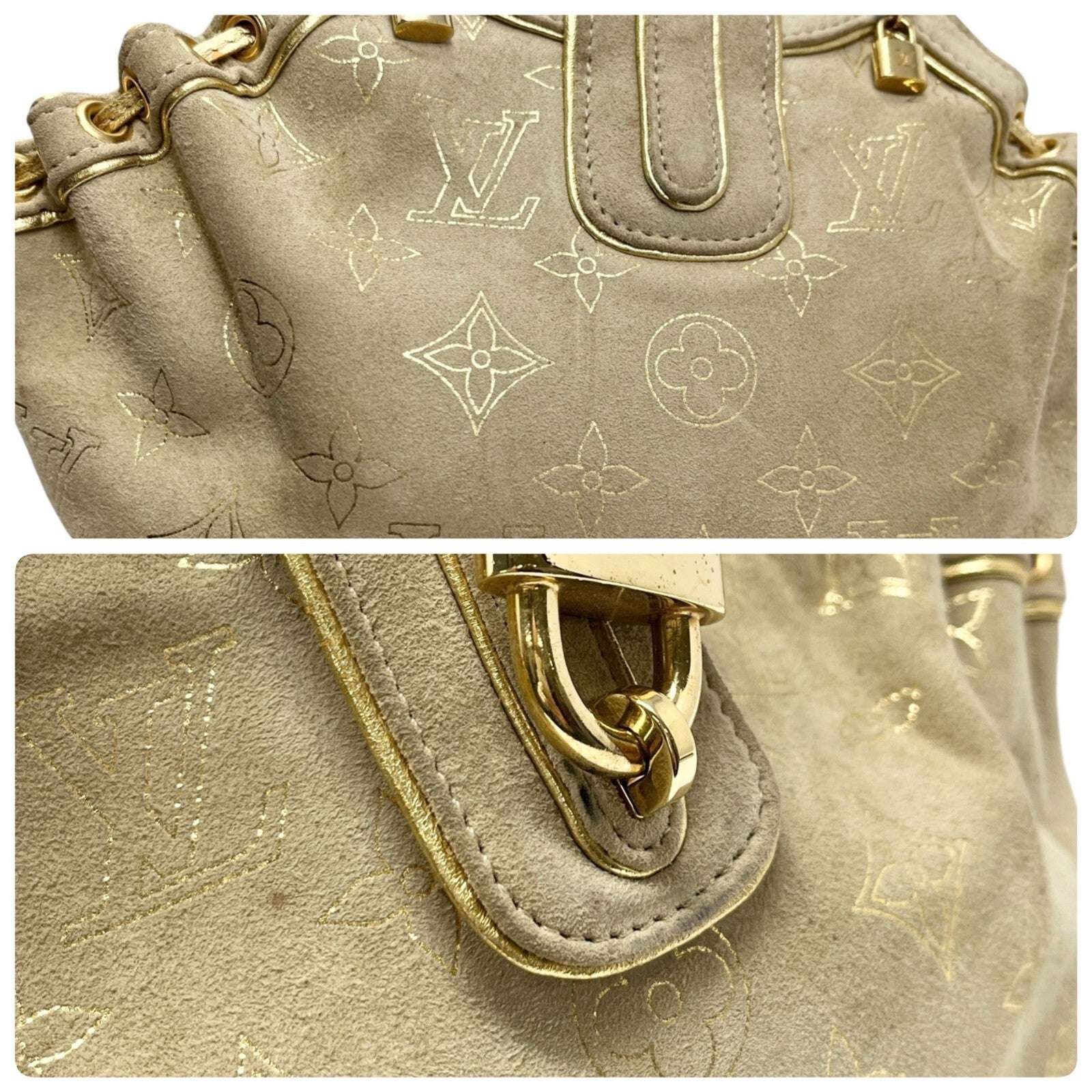 LOUIS VUITTON Vintage LV Monogram Extraordinary Theda Mini Bag Beige Gold Suede