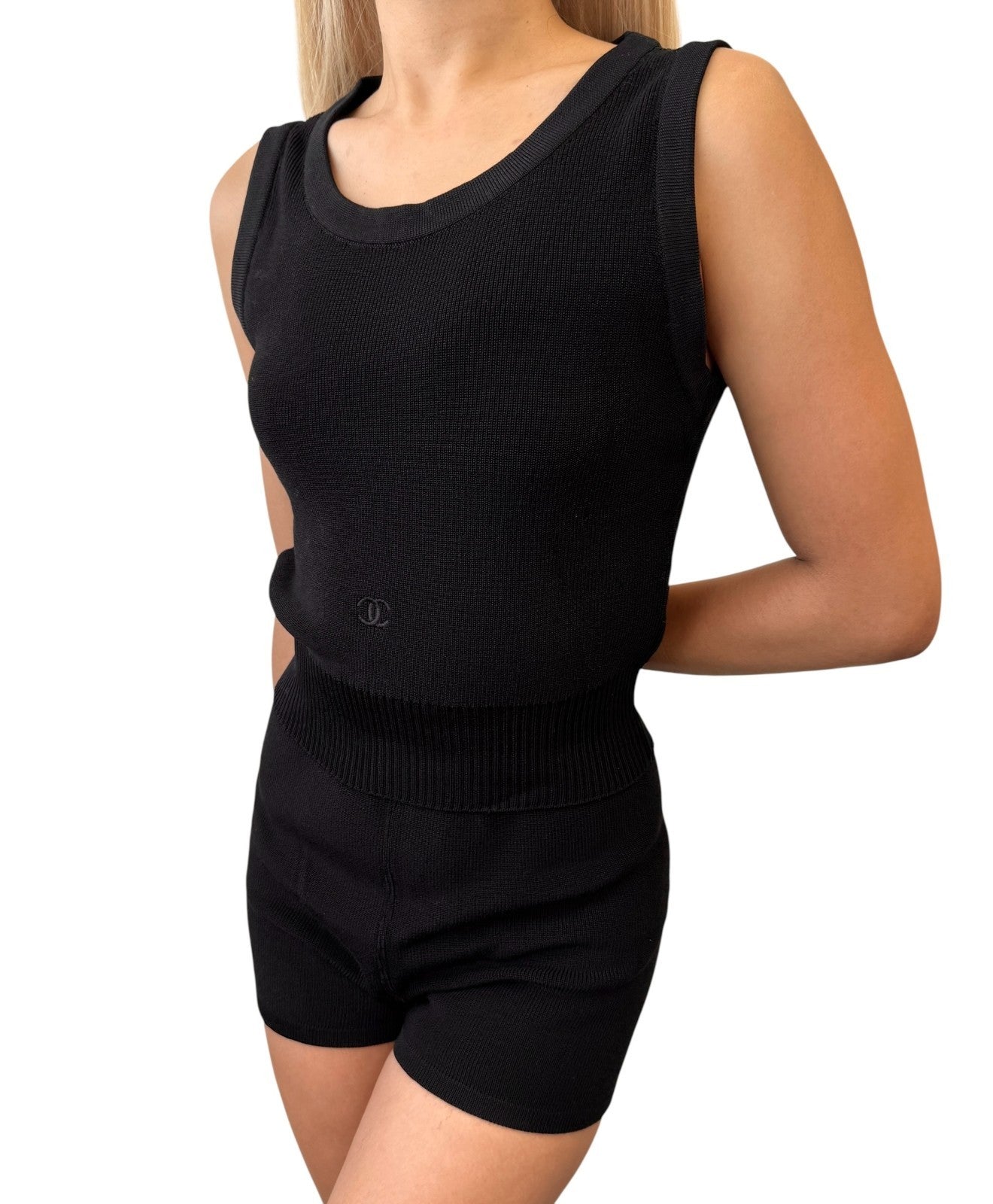 CHANEL Vintage 96P CC Sleeveless Top Shorts Set #42 Knit Black Rayon Cotton