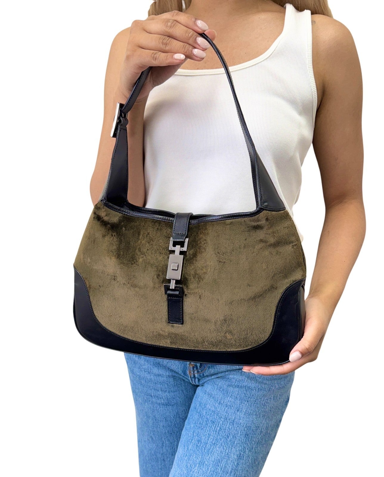 GUCCI Vintage Jackie Velour Shoulder Bag Handbag Green Black Leather 901870