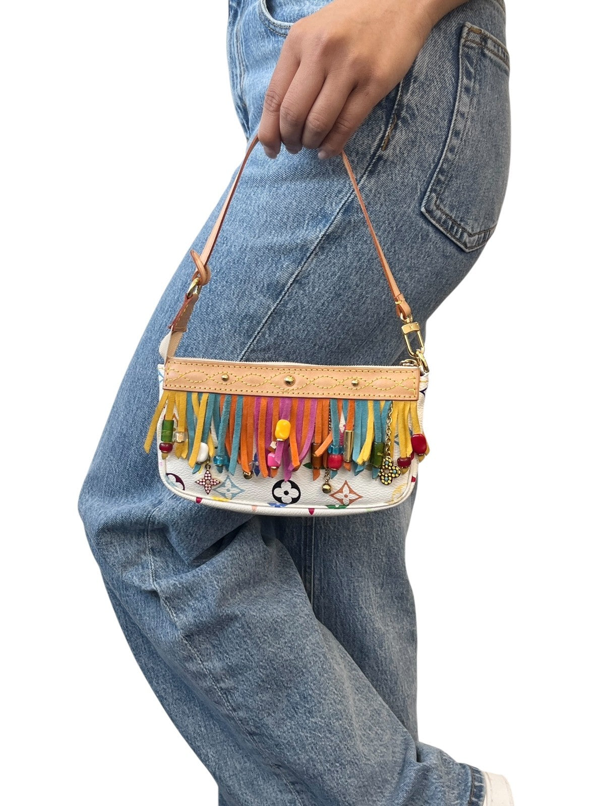 LOUIS VUITTON Vintage Monogram Multicolor Fringe Pochette Mini Bag White
