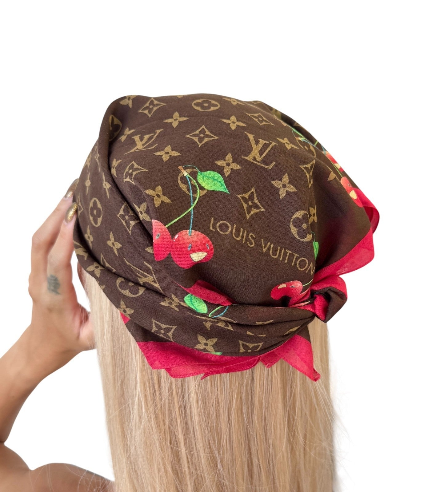 LOUIS VUITTON Vintage LV Monogram Cherry Scarf Wrap Takashi Murakami Brown Red