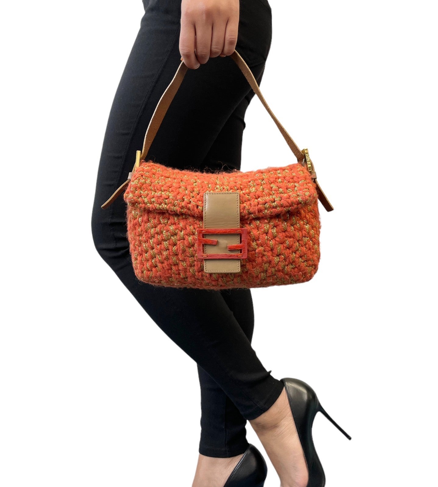 FENDI Vintage FF Mamma Baguette Wool Knit Shoulder Bag Glitter Orange Beige
