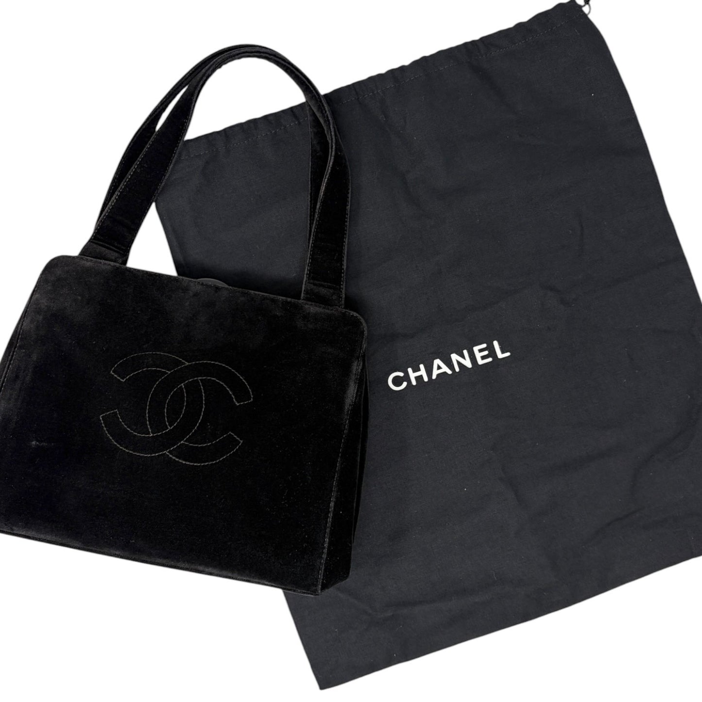 CHANEL Vintage CC Logo Stitch Trapezoid Tote Bag Handbag Black Velour 902222