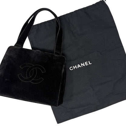 CHANEL Vintage CC Logo Stitch Trapezoid Tote Bag Handbag Black Velour 902222