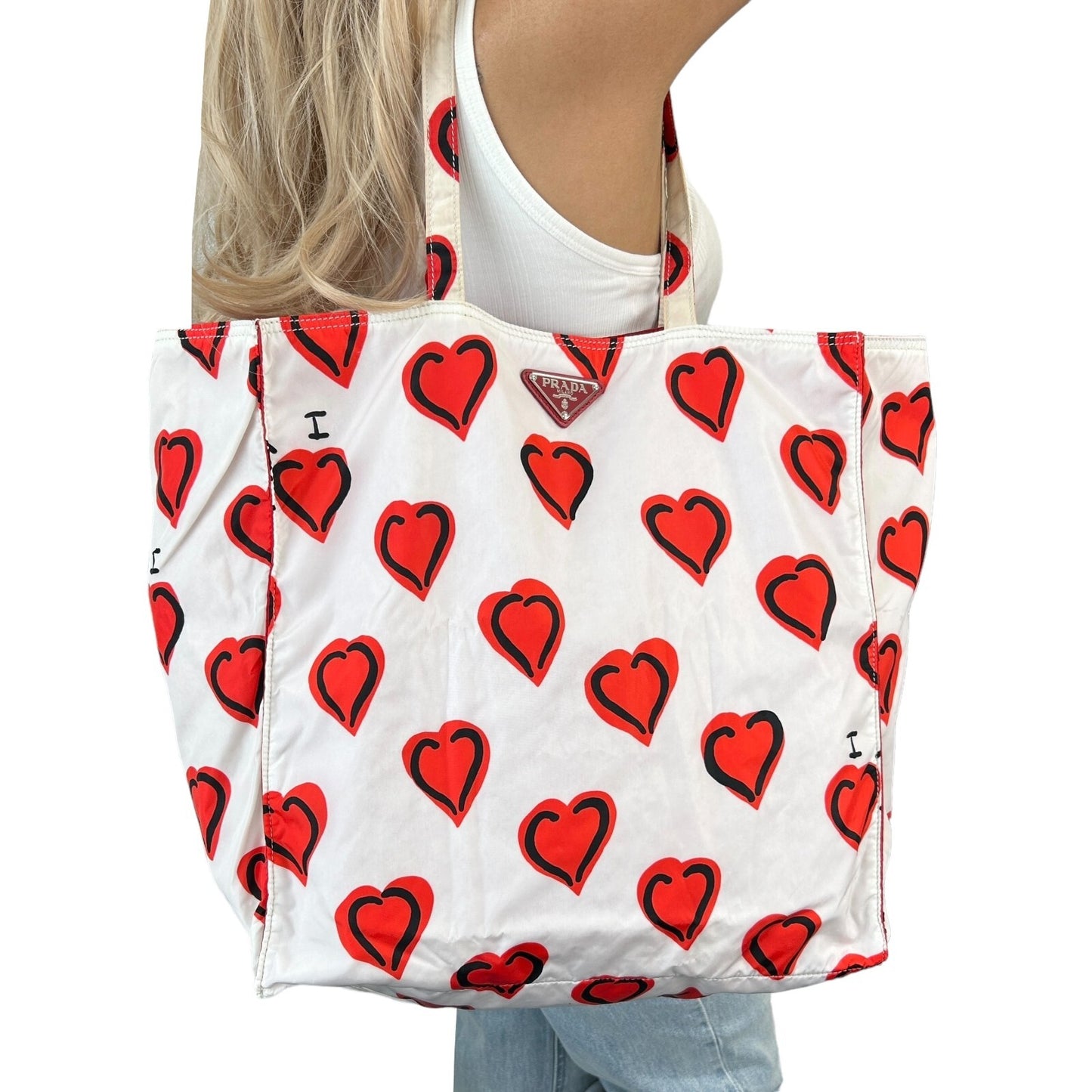 PRADA Vintage Logo Heart Pattern Tote Bag Handbag White Red Black Silver Nylon