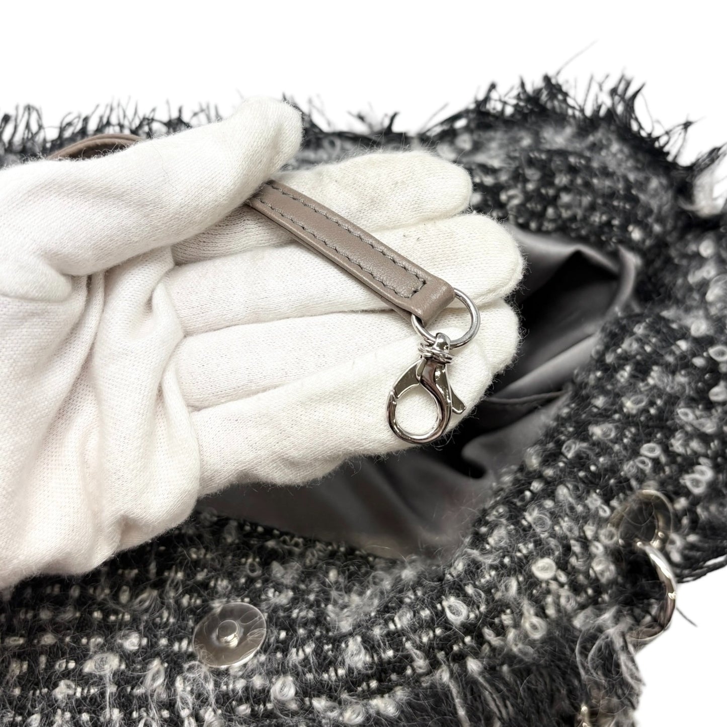 CHANEL Vintage CC Big Logo Funny Tweed Bon Bon Lambskin Shoulder Bag Gray Chain