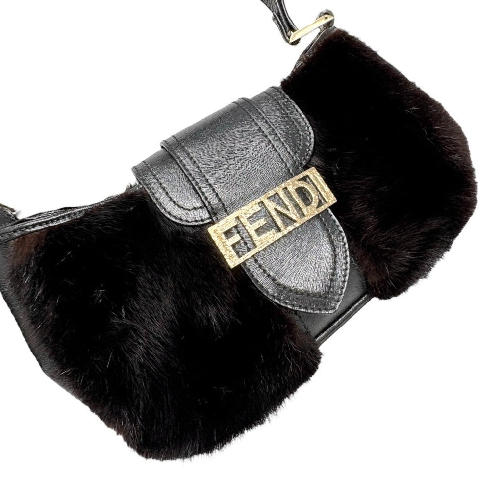 FENDI Vintage Logo Fur Baguette Mini Shoulder Bag Handbag Black Gold Leather