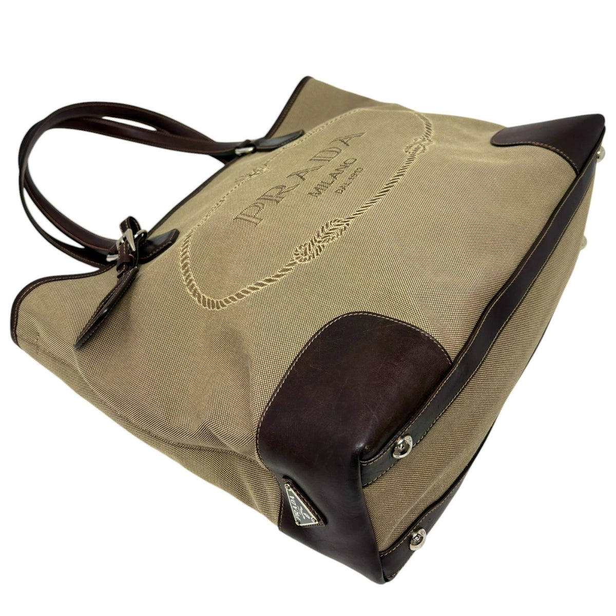 PRADA Vintage Jacquard Logo Tote Bag Brown Silver Canvas Leather 902911