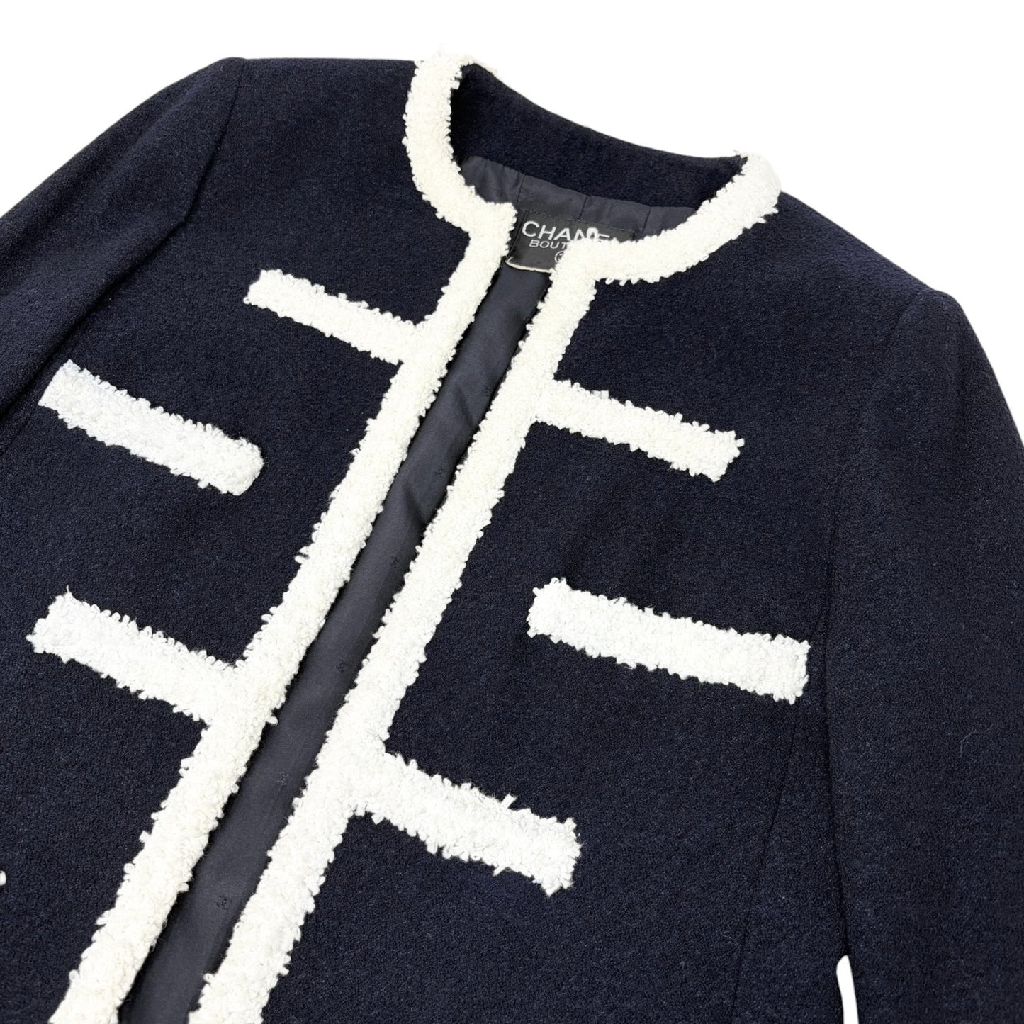 CHANEL Vintage CC Logo Button Tweed Jacket Blue White Wool Silk 106914