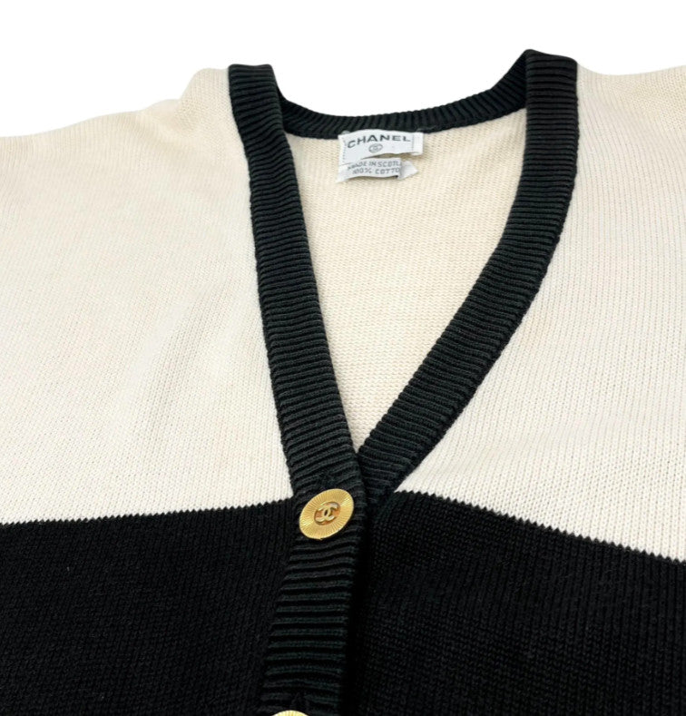 CHANEL Vintage CC Logo Cardigan Bi-color Sweater #M Button Cream Black Cotton
