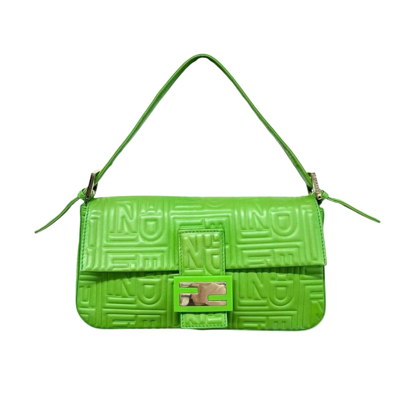 FENDI Vintage FF Logo Embossed Mamma Baguette Shoulder Bag Green Leather Silver