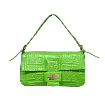 FENDI Vintage FF Logo Embossed Mamma Baguette Shoulder Bag Green Leather Silver