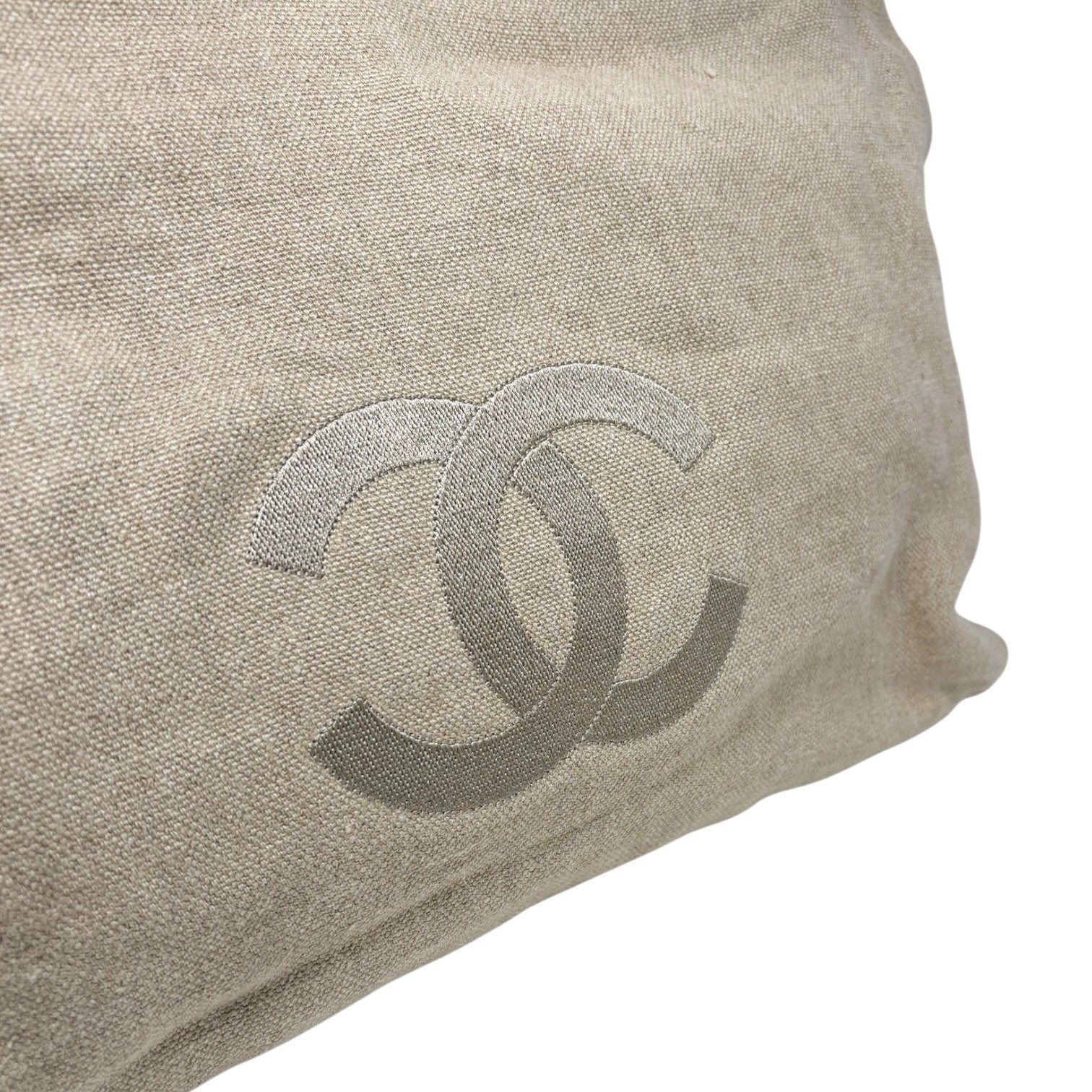 CHANEL Vintage CC Big Logo Shoulder Tote Large Bag Beige Canvas Linen Leather