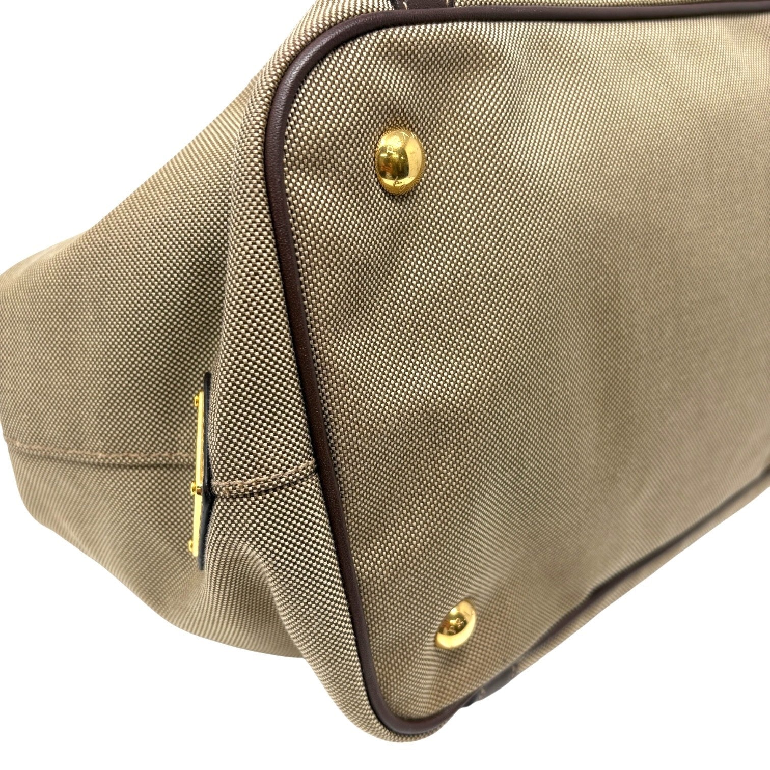 PRADA Vintage Triangle Logo Jacquard Canvas Tote Bag Handbag Khaki Dark Brown