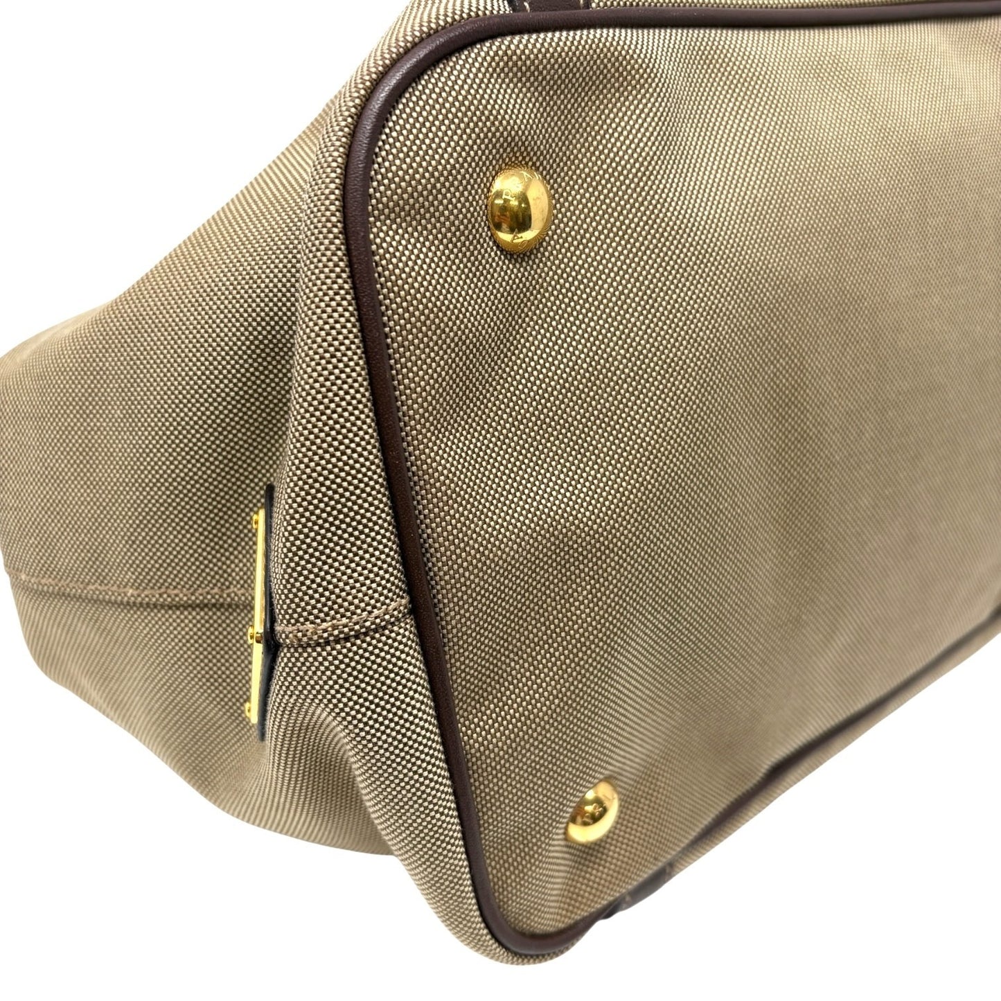 PRADA Vintage Triangle Logo Jacquard Canvas Tote Bag Handbag Khaki Dark Brown