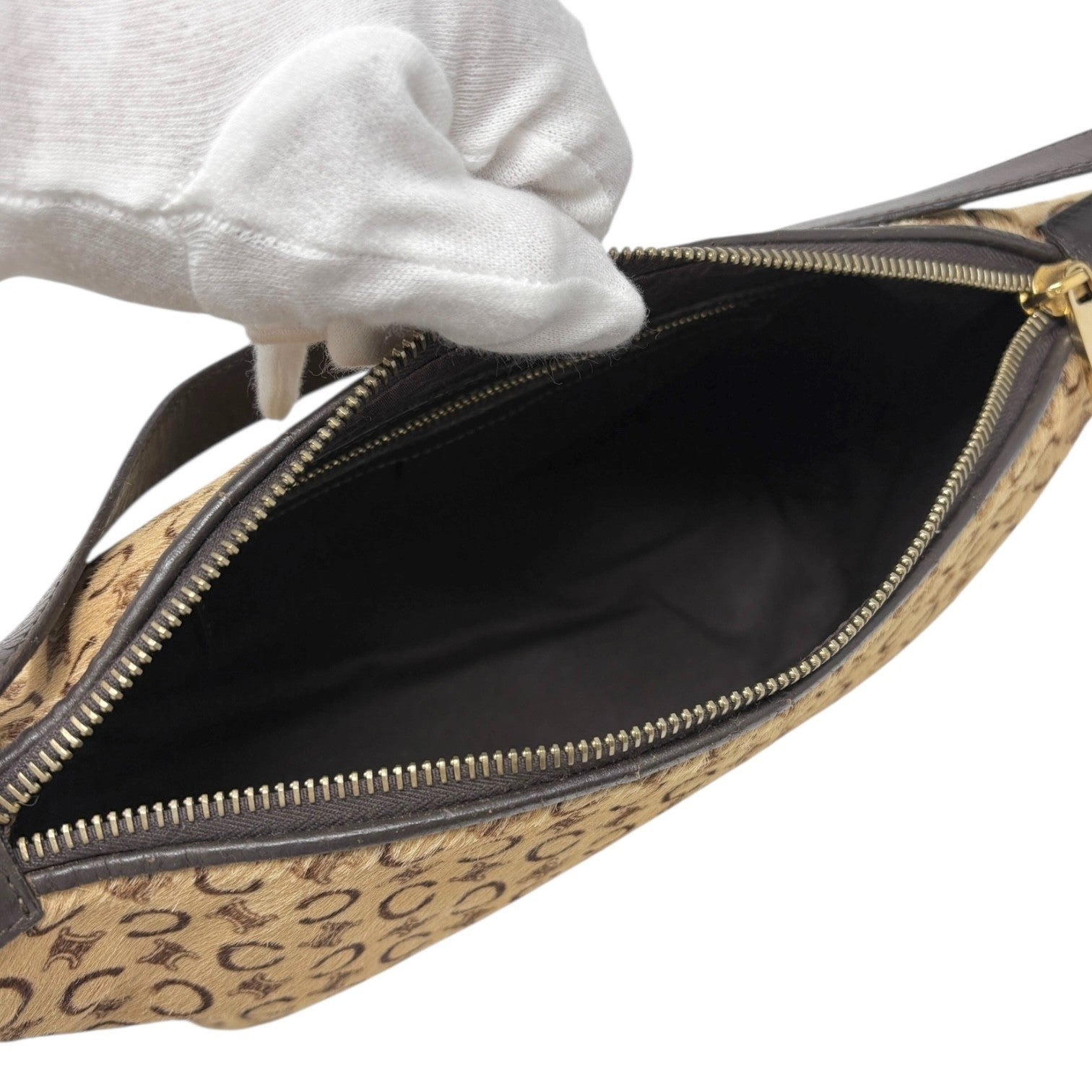 CELINE Vintage Macadam Logo Shoulder Bag Beige Brown Pony Calf Hair Leather