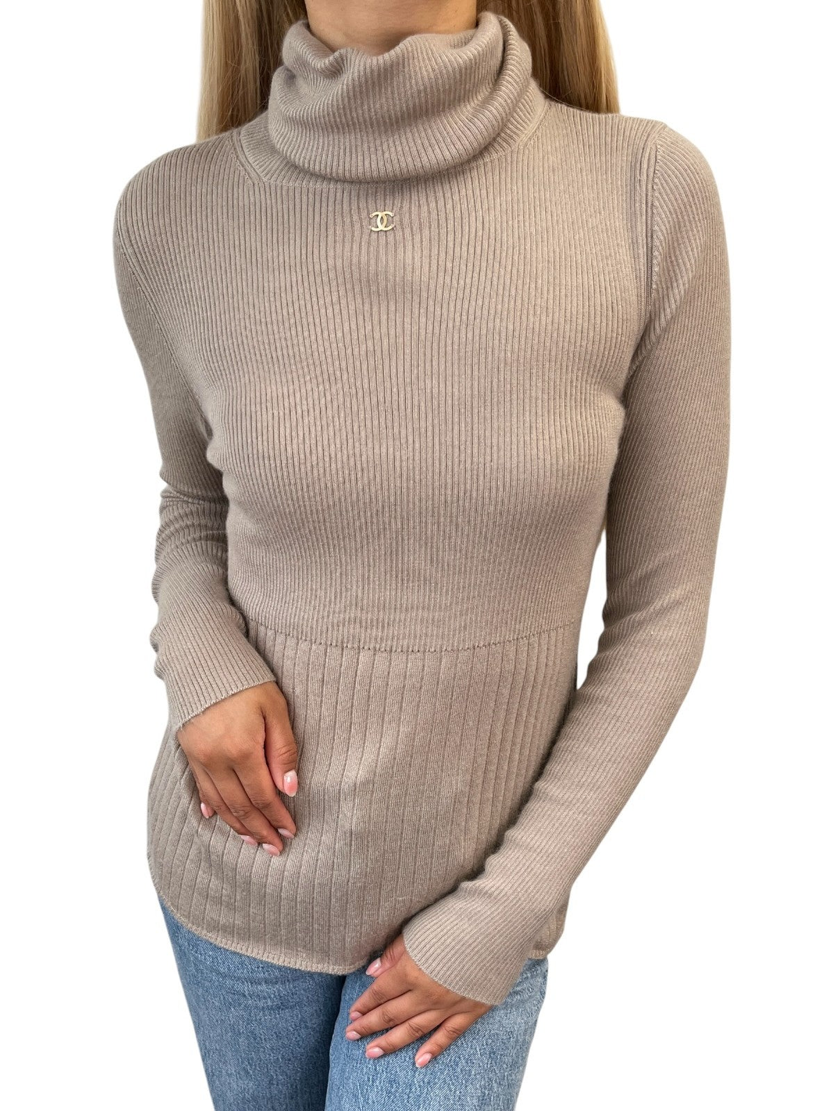 CHANEL Vintage 00A CC Logo Rib Knit Sweater Top #42 Beige Cashmere Silk 902082
