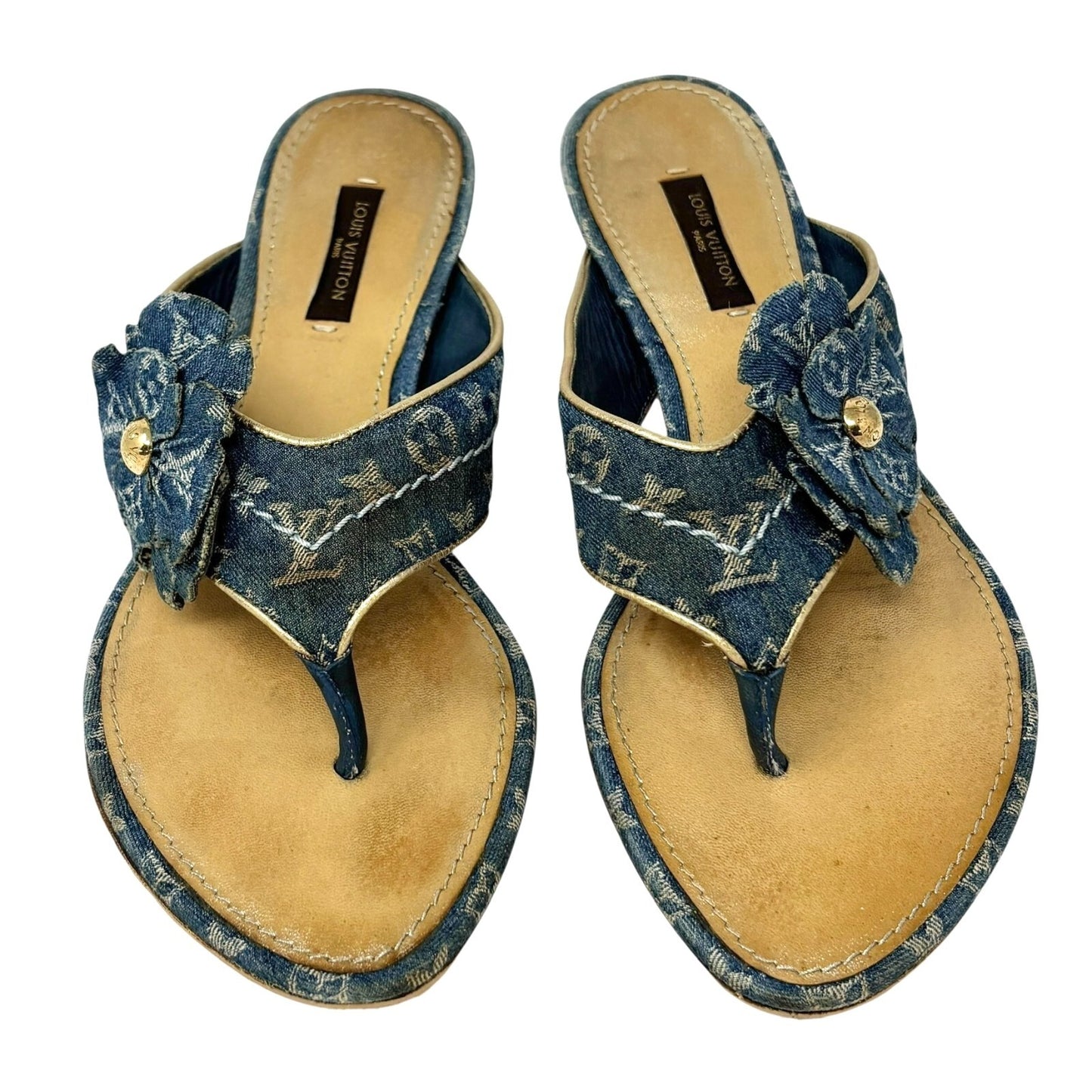 LOUIS VUITTON Vintage LV Monogram Denim Thong Sandals #37.5 Blue Gold Flower