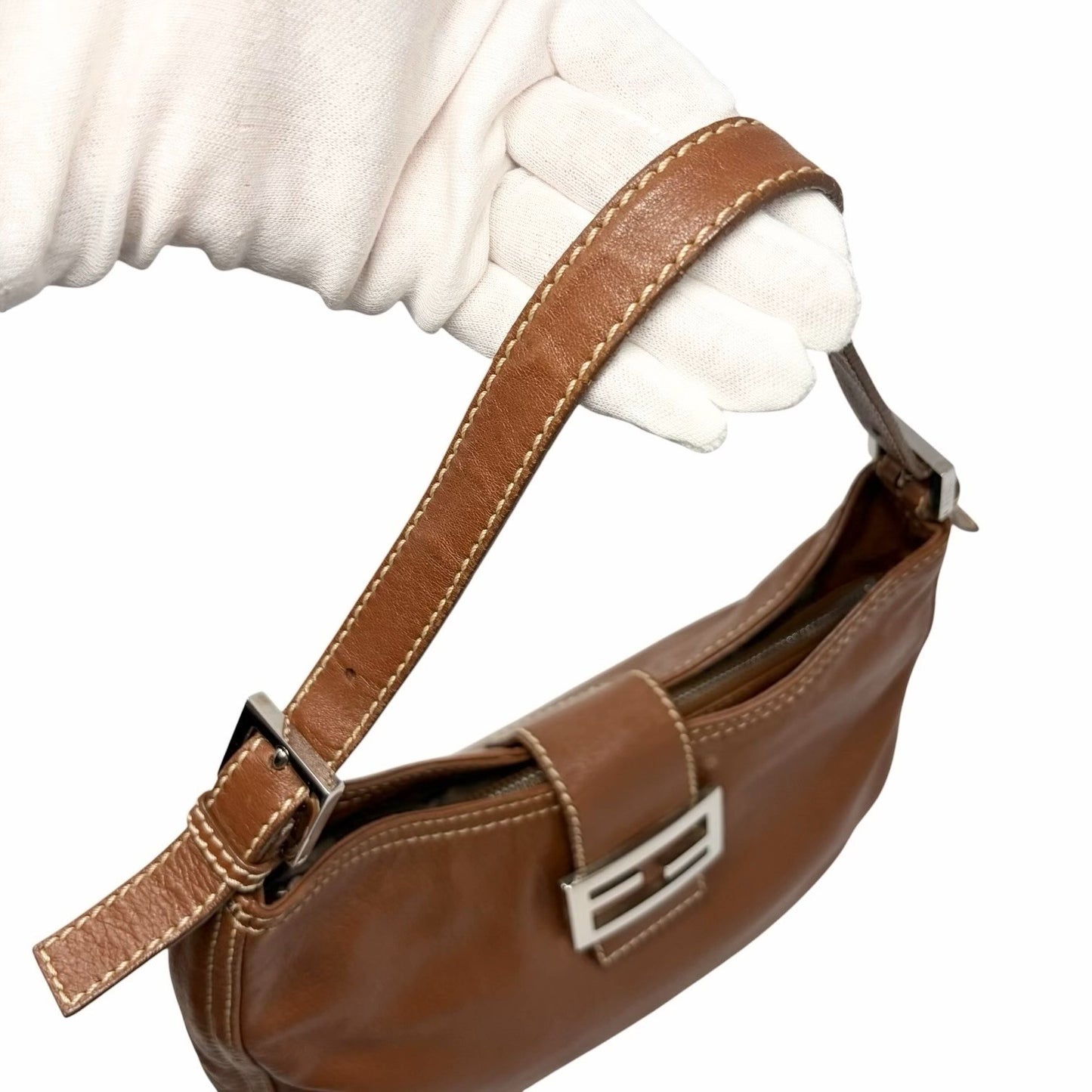 FENDI Vintage FF Logo Mamma Baguette Shoulder Bag Brown Silver Leather 902448