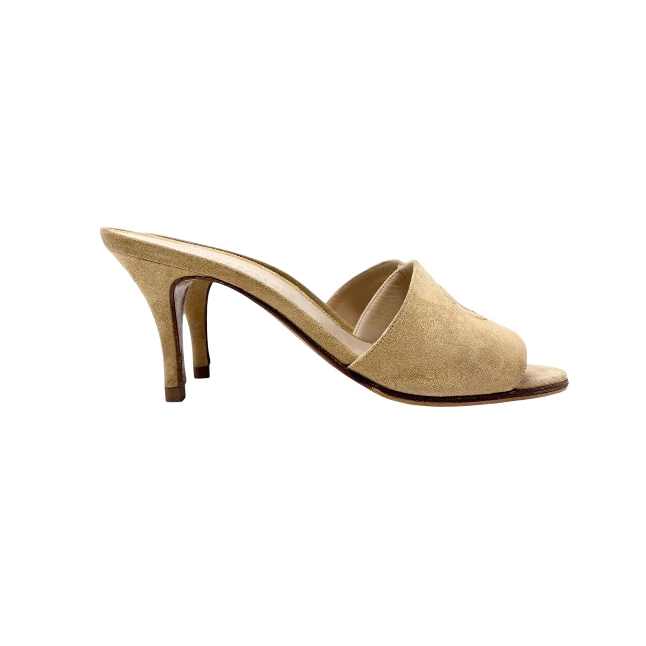 CHANEL Vintage CC Mark Logo Heels Mules #38 Sandals Beige Suede Leather