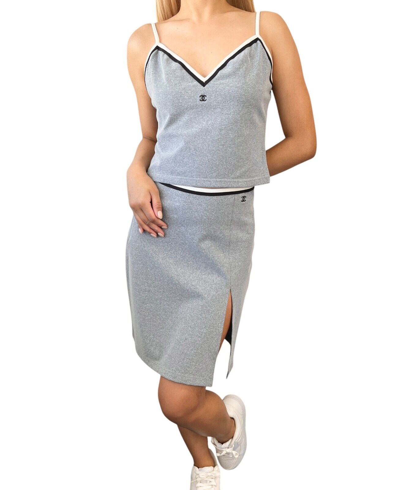 CHANEL Vintage 98P CC Logo Camisole Skirt Set #38 Separate Gray White Nylon