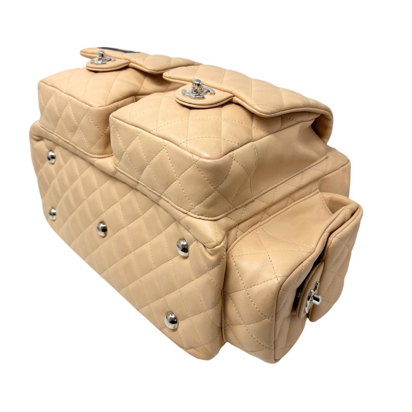 CHANEL Vintage Cambon Line CC Logo Quilted Shoulder Bag Beige Black Leather