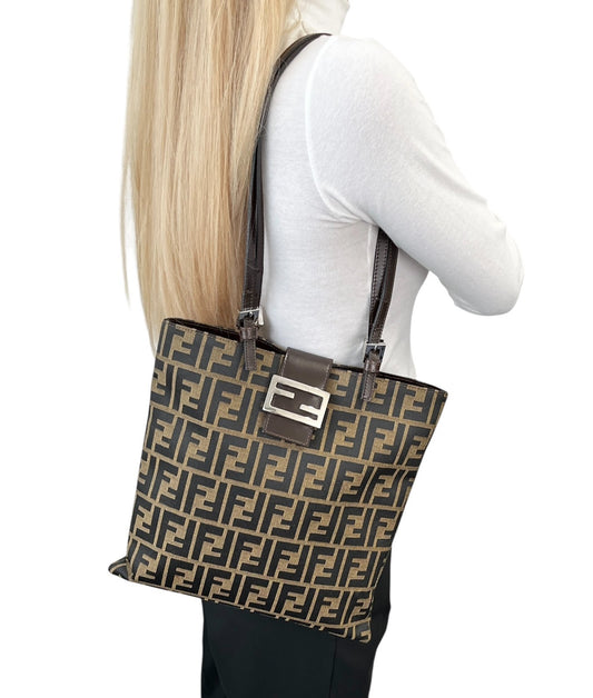 FENDI Vintage Zucca Logo Monogram Canvas Tote Shoulder Bag Leather Brown Silver
