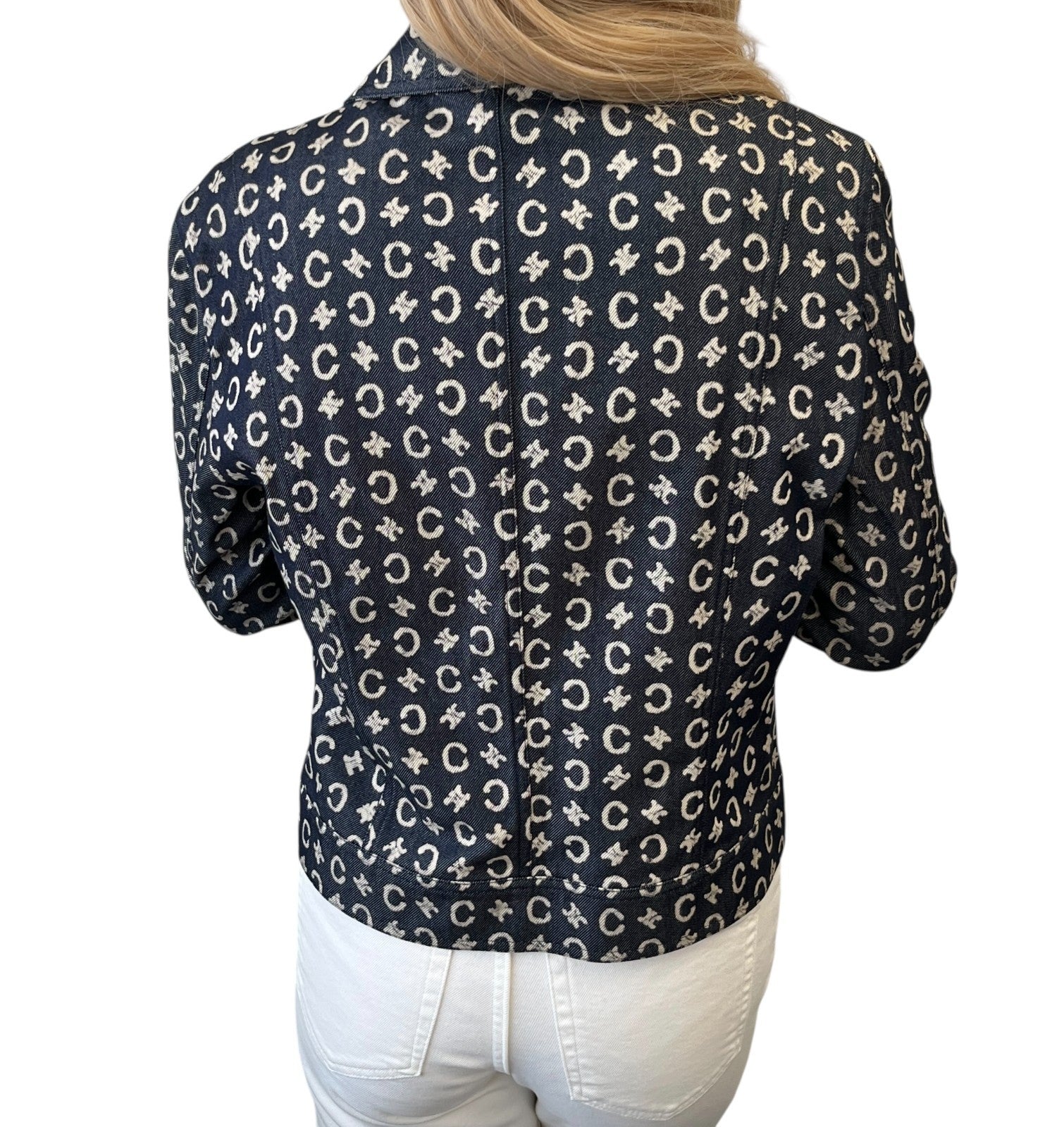 CELINE Vintage 2005 Macadam Monogram Logo Denim Jacket #40 Dark Blue White