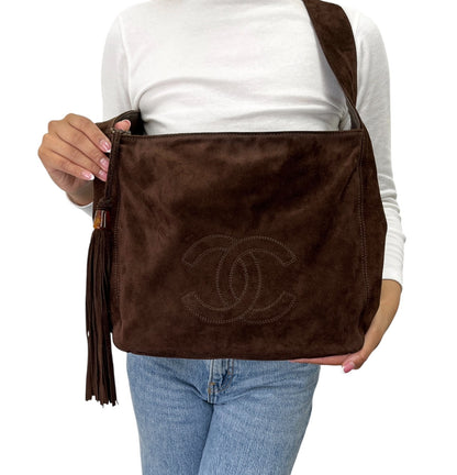 CHANEL Vintage CC Fringe Crossbody Shoulder Bag 2way Bag Brown Suede 902326