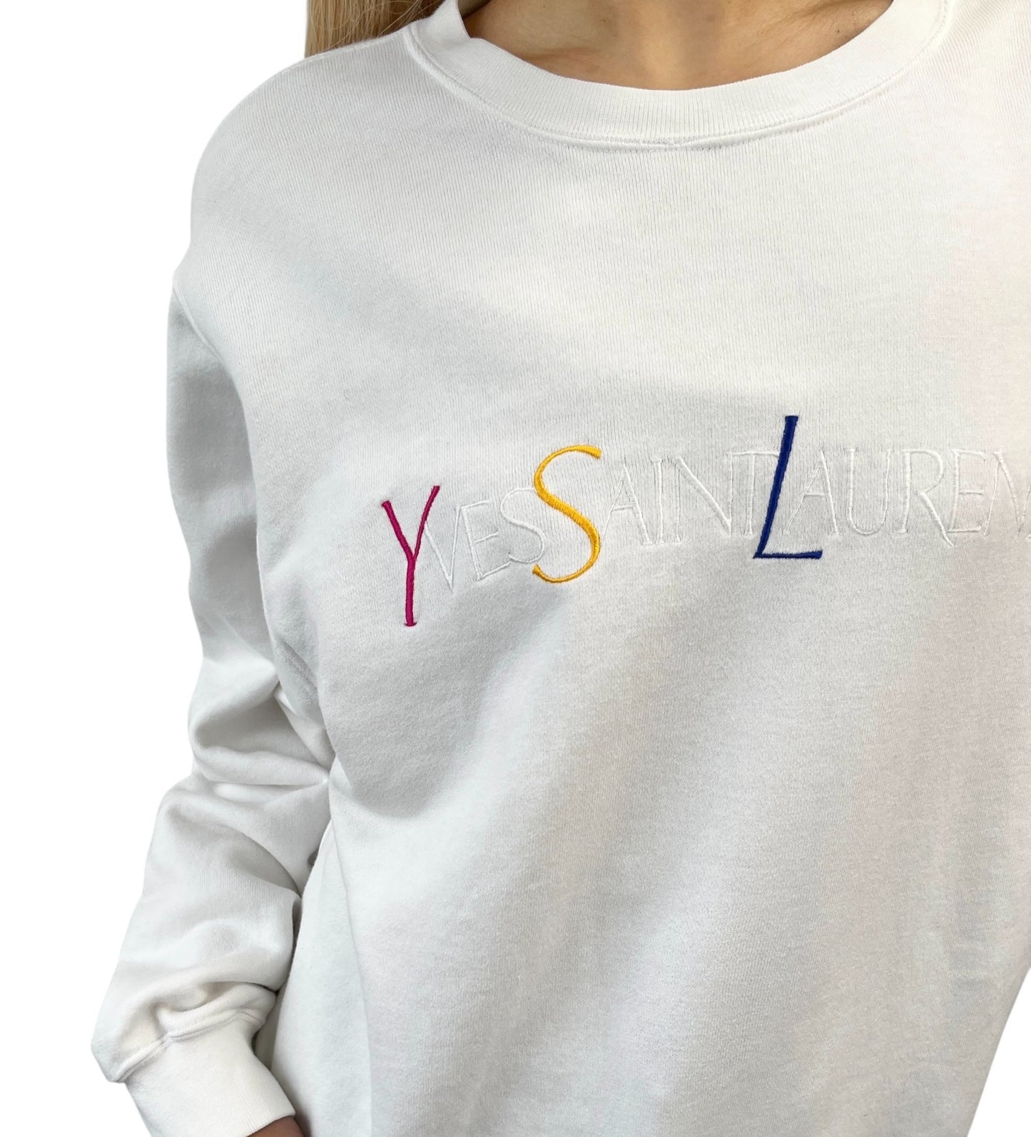 Yves Saint Laurent Vintage YSL Logo Sweatshirt Top #M White Cotton Long Sleeve
