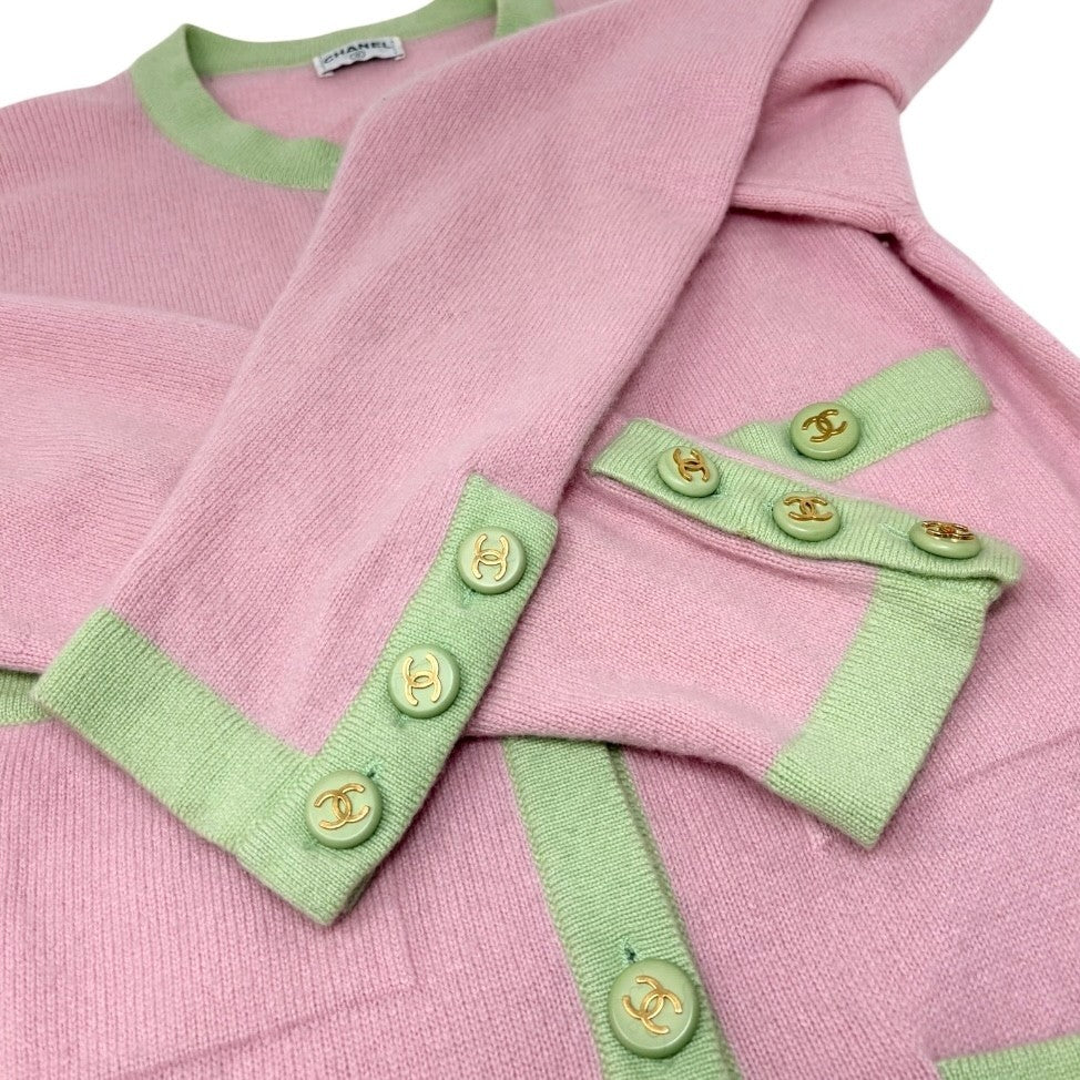 CHANEL Vintage CC Logo Cashmere Knit Long Cardigan Top Pink Green 902471
