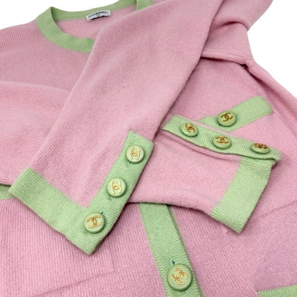 CHANEL Vintage CC Logo Cashmere Knit Long Cardigan Top Pink Green 902471