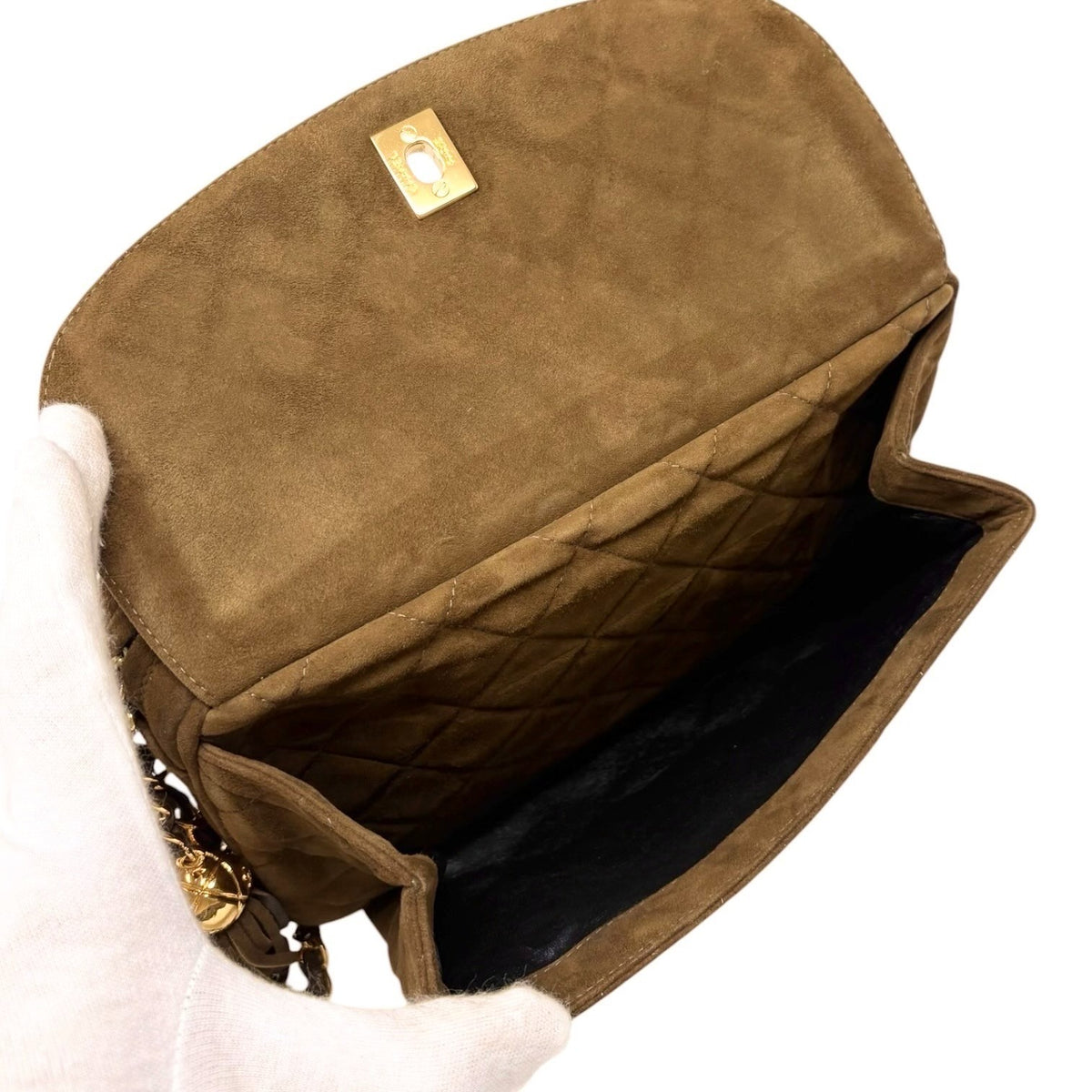 CHANEL Vintage CC Turnlock Quilted Chain Shoulder Bag Brown Gold Suede 902333