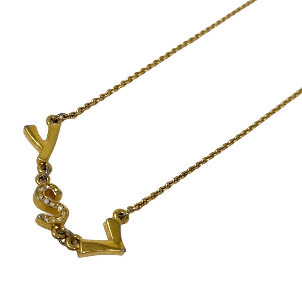 Yves Saint Laurent Vintage Necklace YSL Logo Rhinestone Chain Gold RankAB