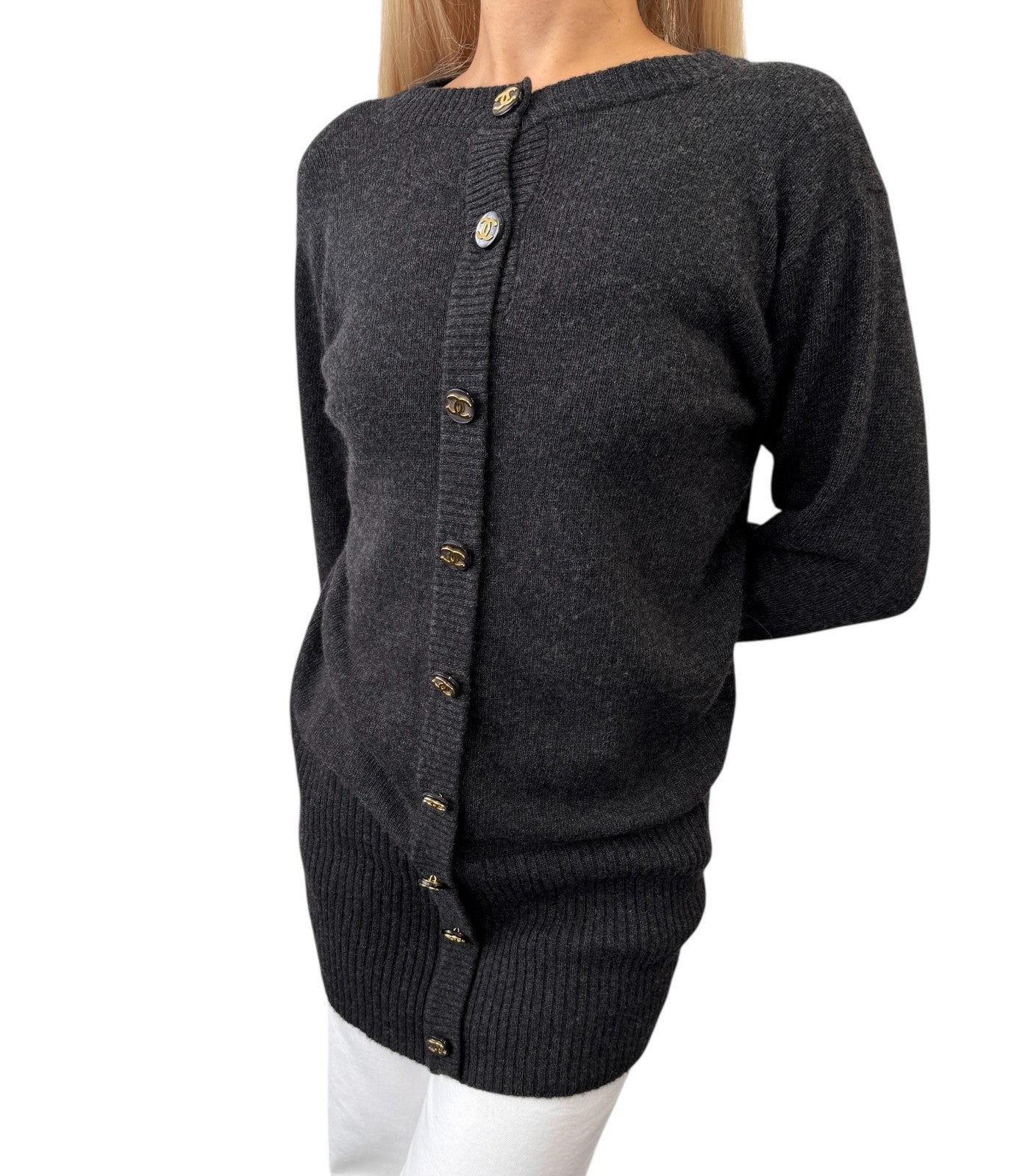 CHANEL Vintage CC Mark Logo Button Cashmere Knit Sweater Top Dark Gray Gold