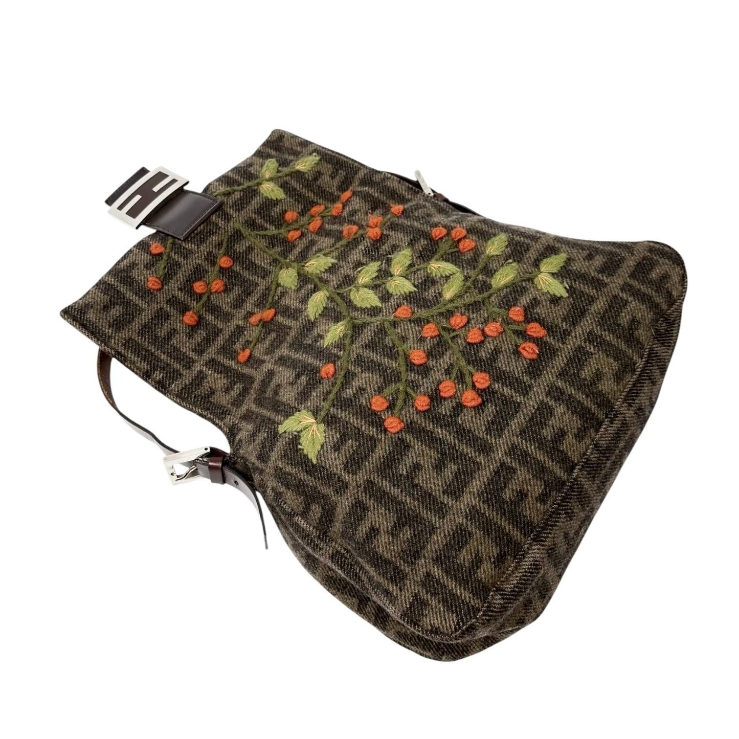 FENDI Vintage FF Mamma Baguette Wool Knit Shoulder Bag Brown Flower