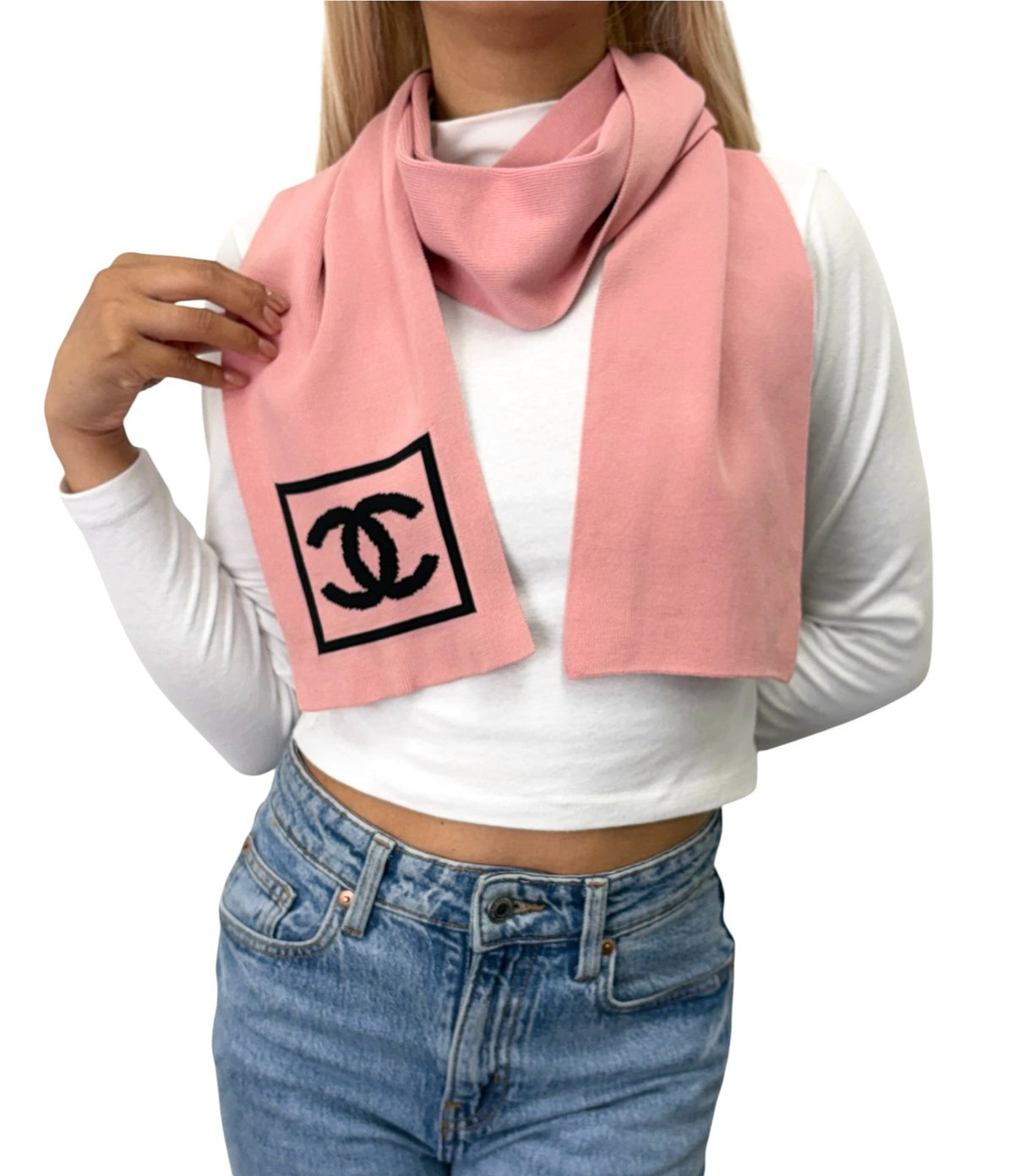 CHANEL Sport Vintage CC Logo Knit Scarf Stole Pink Black Cotton 902918