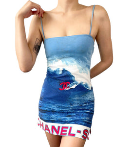 CHANEL Vintage Surf 02S CC Logo Mini Dress #38 Side Slit Blue Cotton RankAB