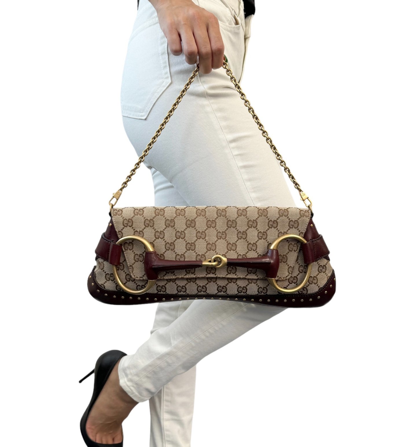 GUCCI Vintage Horsebit GG Monogram Chain Shoulder Bag Studs Beige 901830