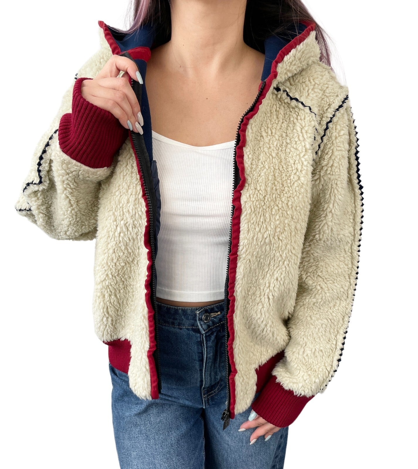 CHANEL Sport Vintage 08C CC Logo Boa Jacket Hoodie #36 Ivory Red Acrylic RankAB