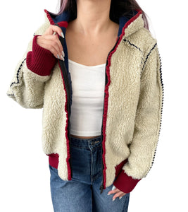 CHANEL Sport Vintage 08C CC Logo Boa Jacket Hoodie #36 Ivory Red Acrylic RankAB