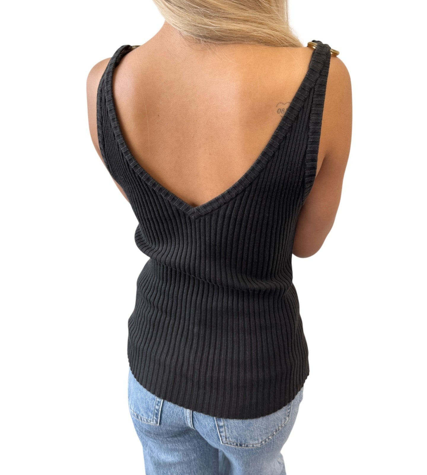 CHANEL Vintage 01C CC Mark Logo V-Neck knit Tank Top #40 Black Gold Cotton