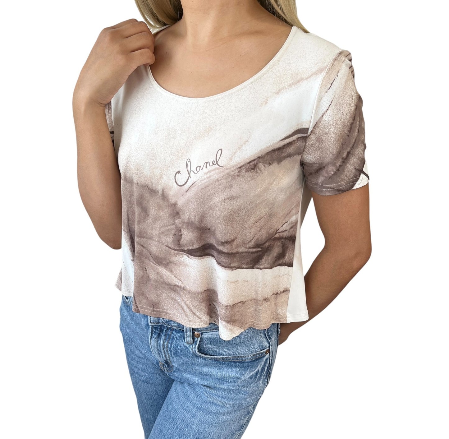 CHANEL Vintage 99P Logo Cropped T-shirt Top #36 Viscose Button Brown Cream